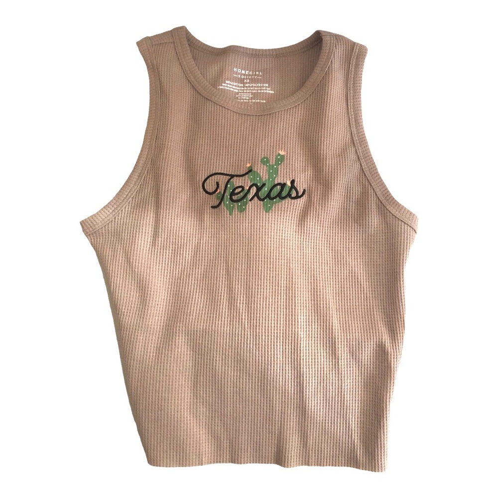Super cute Tan ribbed sleeveless fitted cropped‎ Texas print tank top size XS
